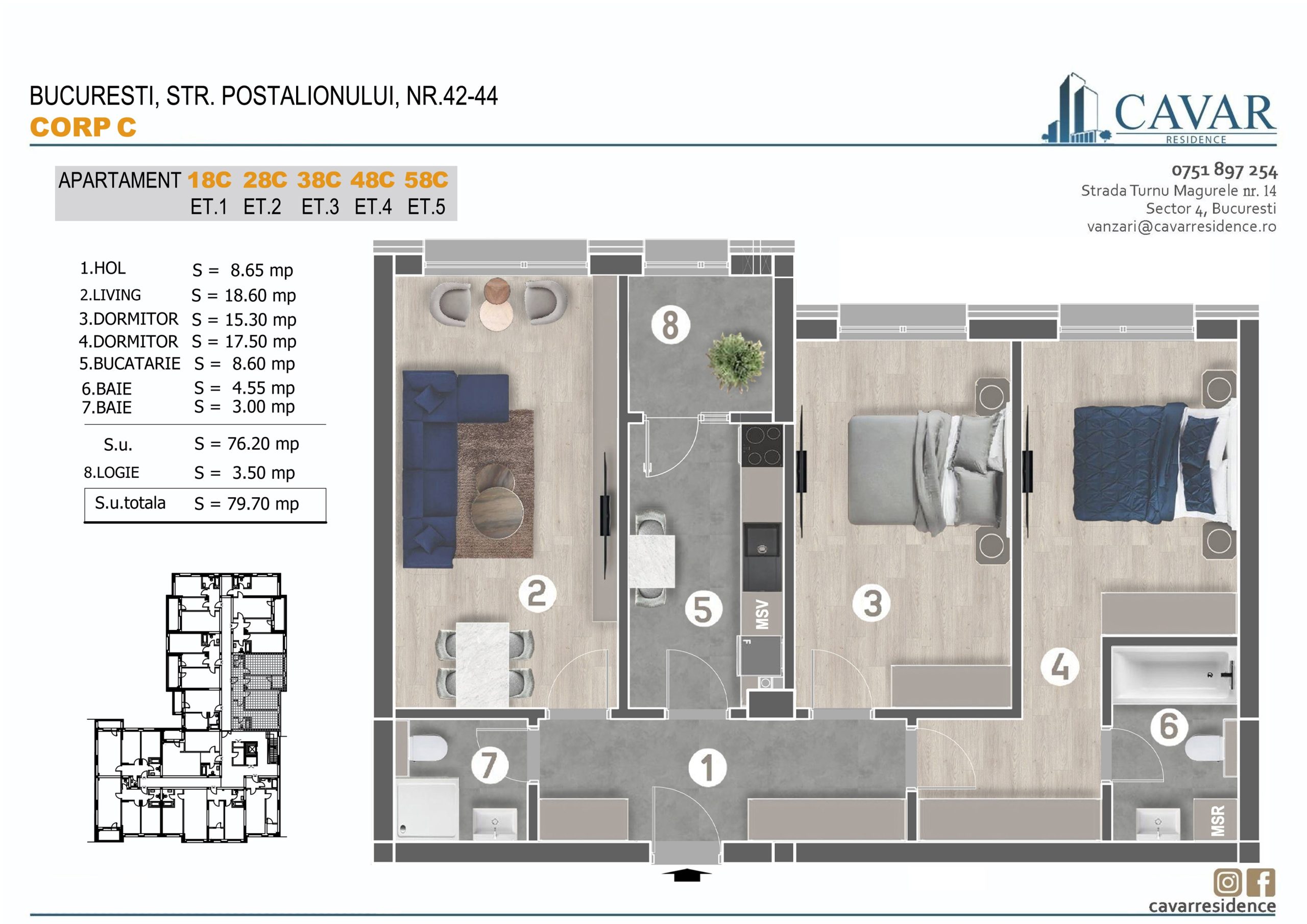 Apartament 3 camere Postalionului 42-44 Corp C
