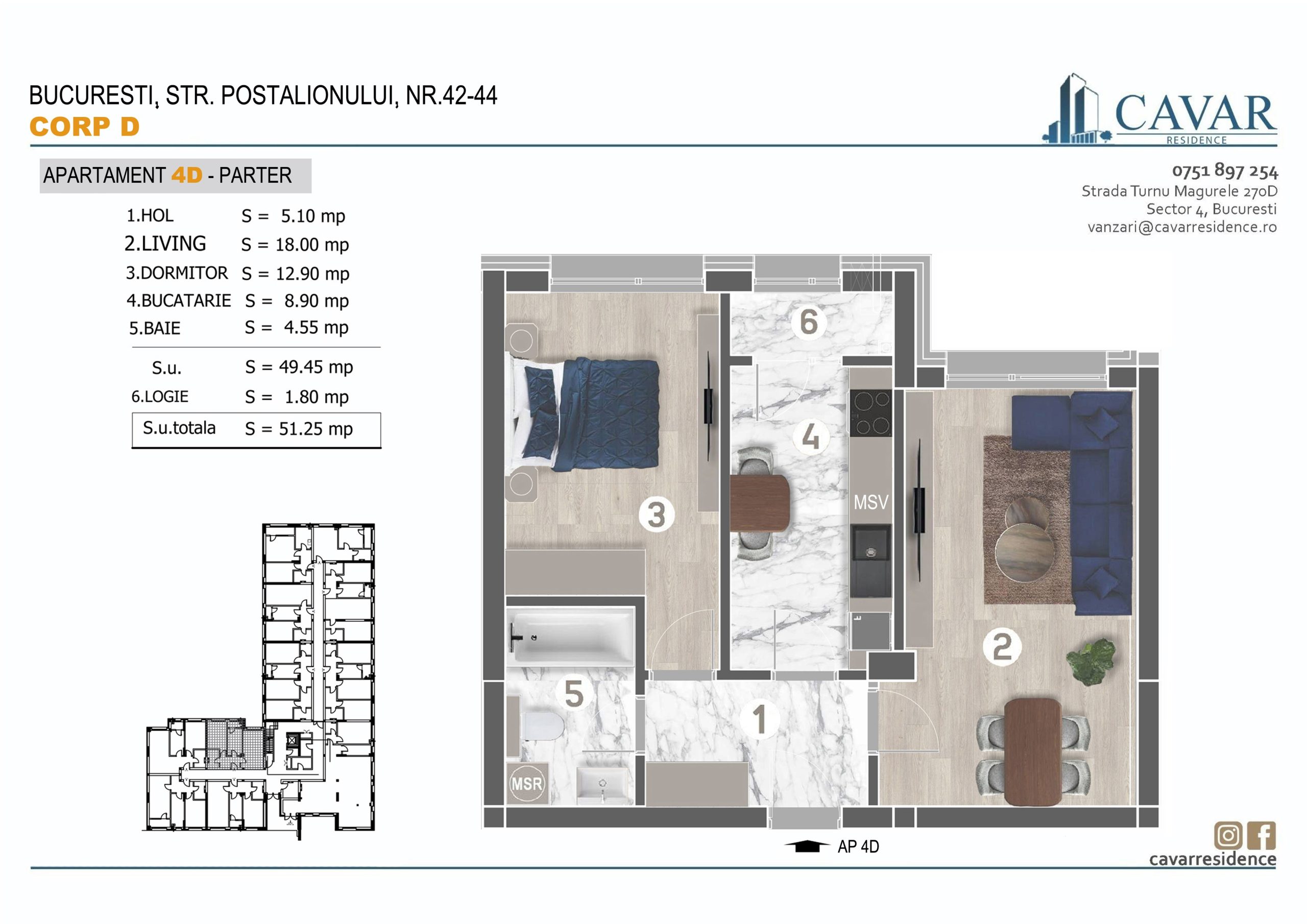 Apartament 2 camere Postalionului 42-44 Corp D