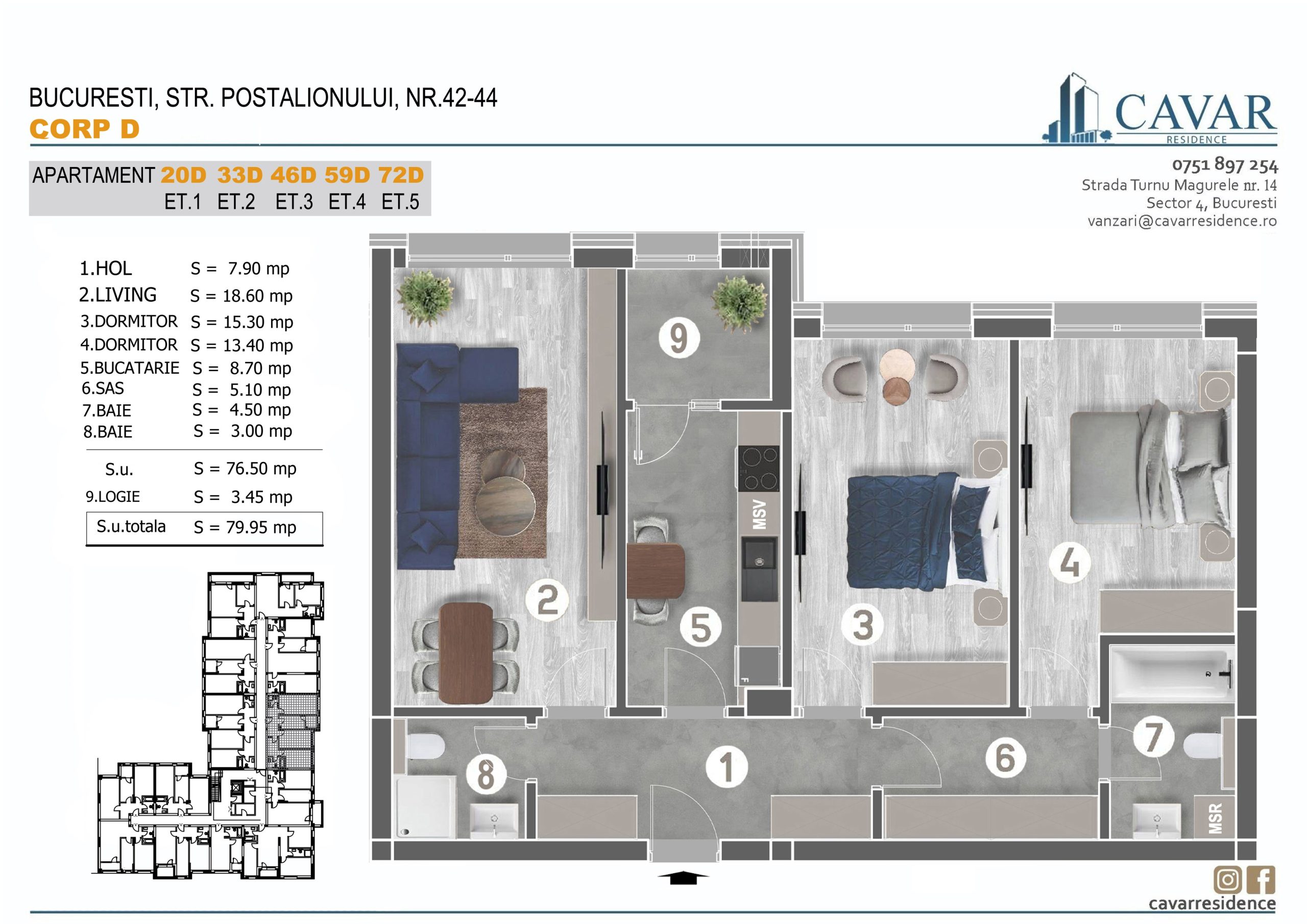 Apartament 3 camere Postalionului 42-44 Corp D