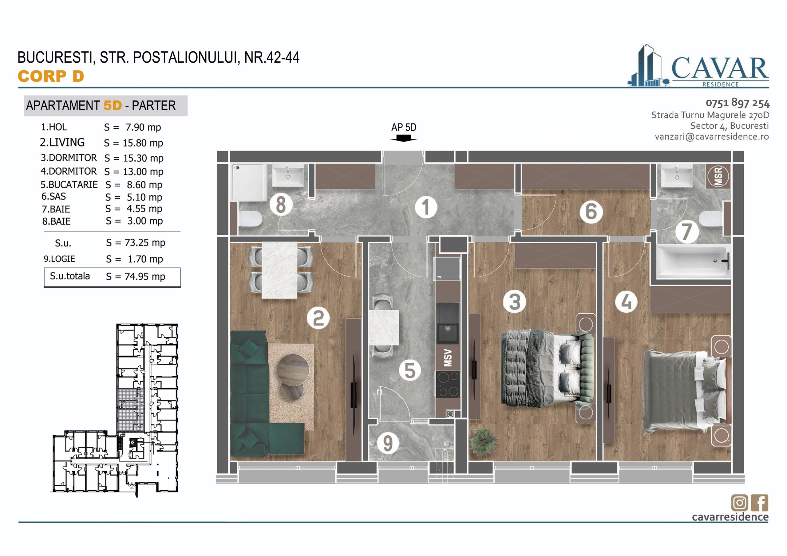 Apartament 3 camere Postalionului 42-44 Corp D
