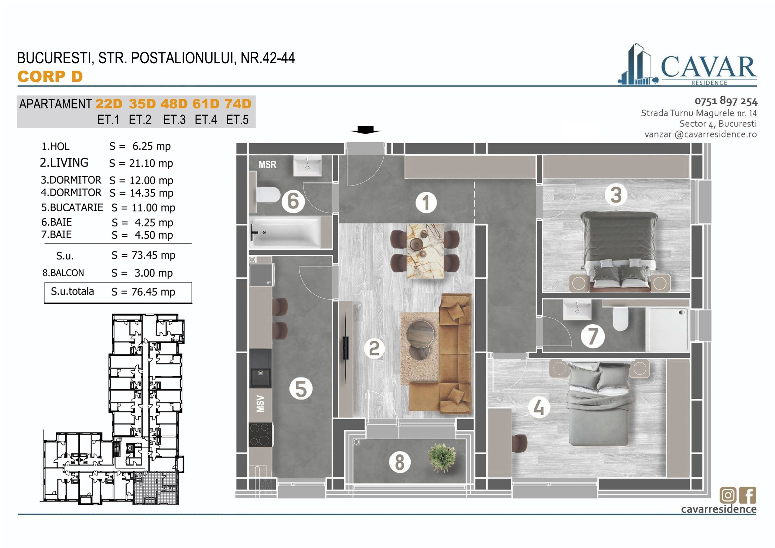Apartament 3 camere Postalionului 42-44 Corp D