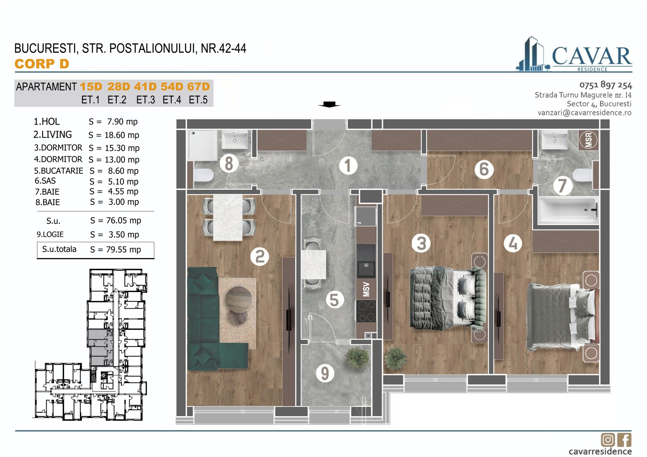 Apartament 3 camere Postalionului 42-44 Corp D