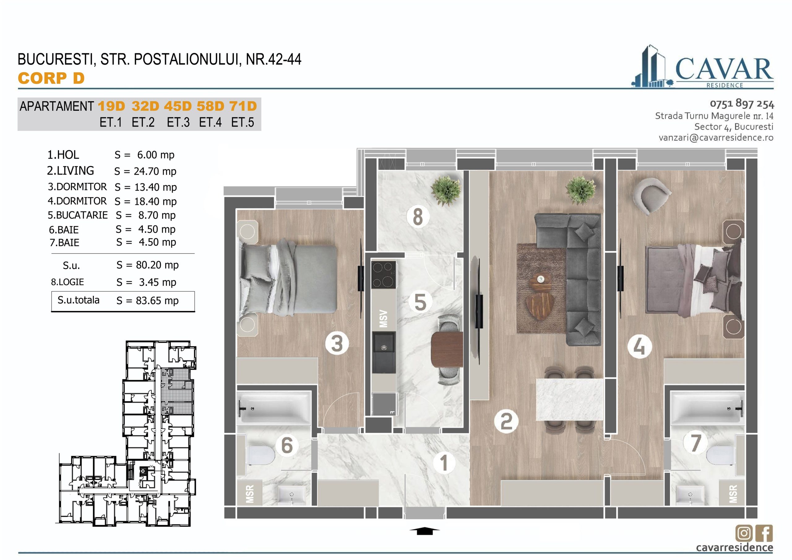 Apartament 3 camere Postalionului 42-44 Corp D