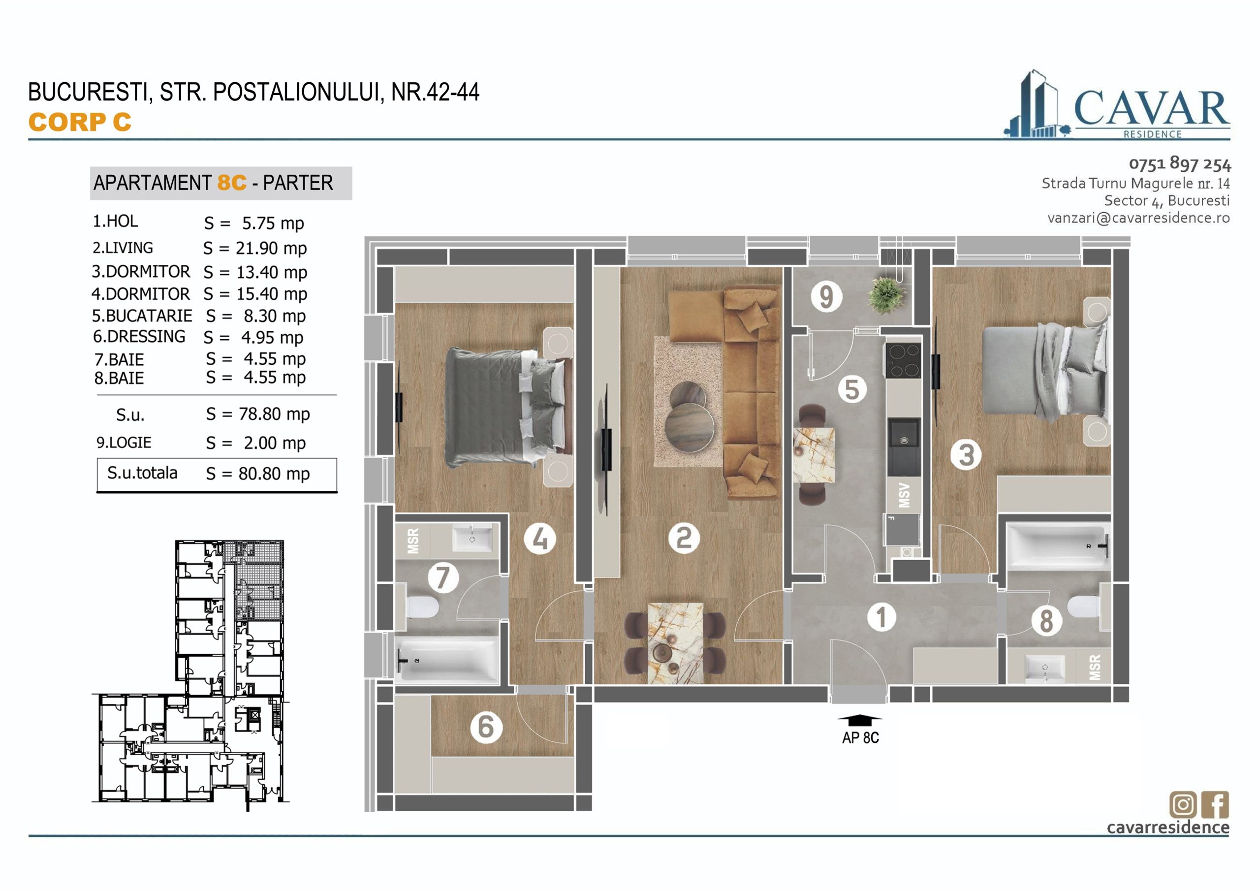 Apartament 3 camere Postalionului 42-44 Corp C