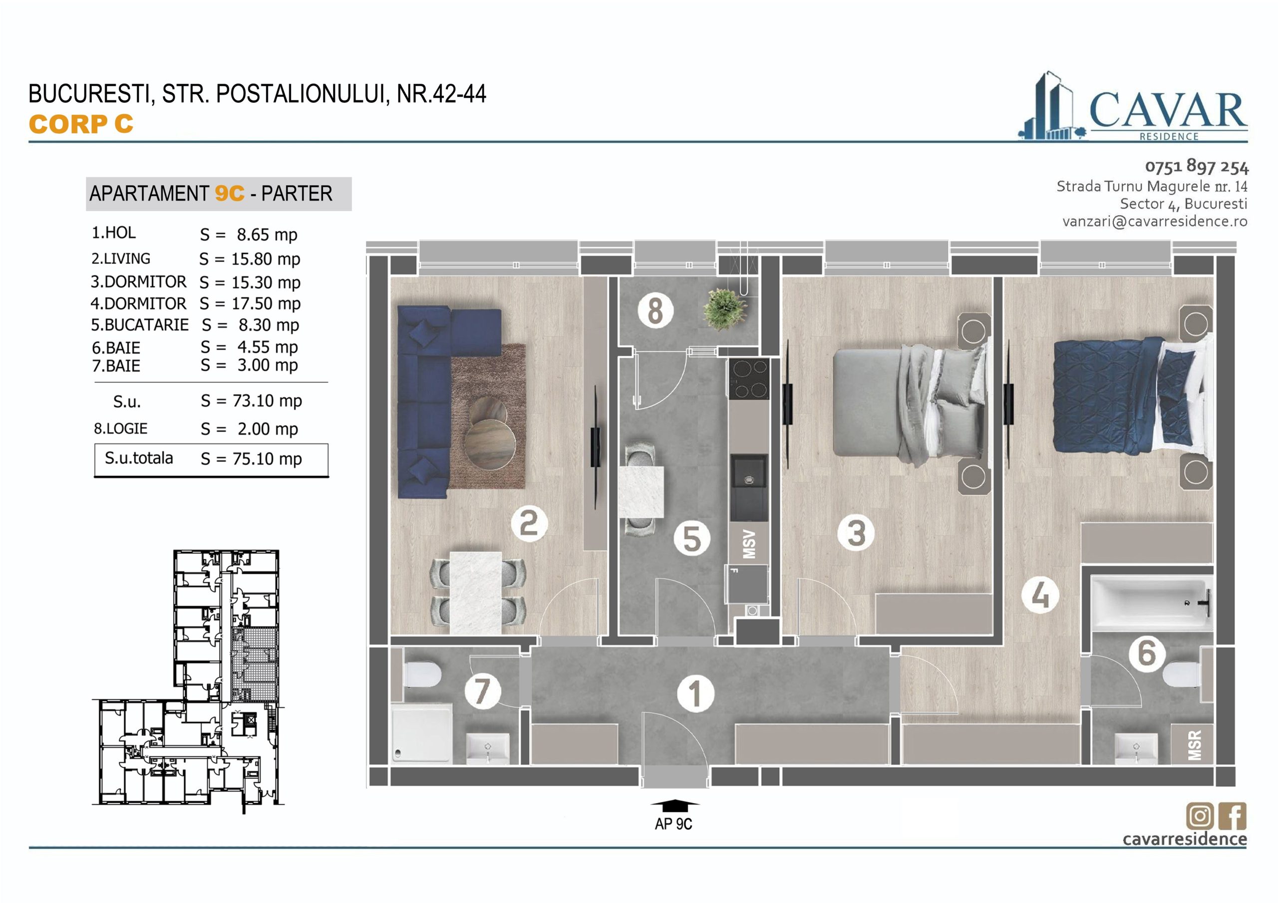 Apartament 3 camere Postalionului 42-44 Corp C