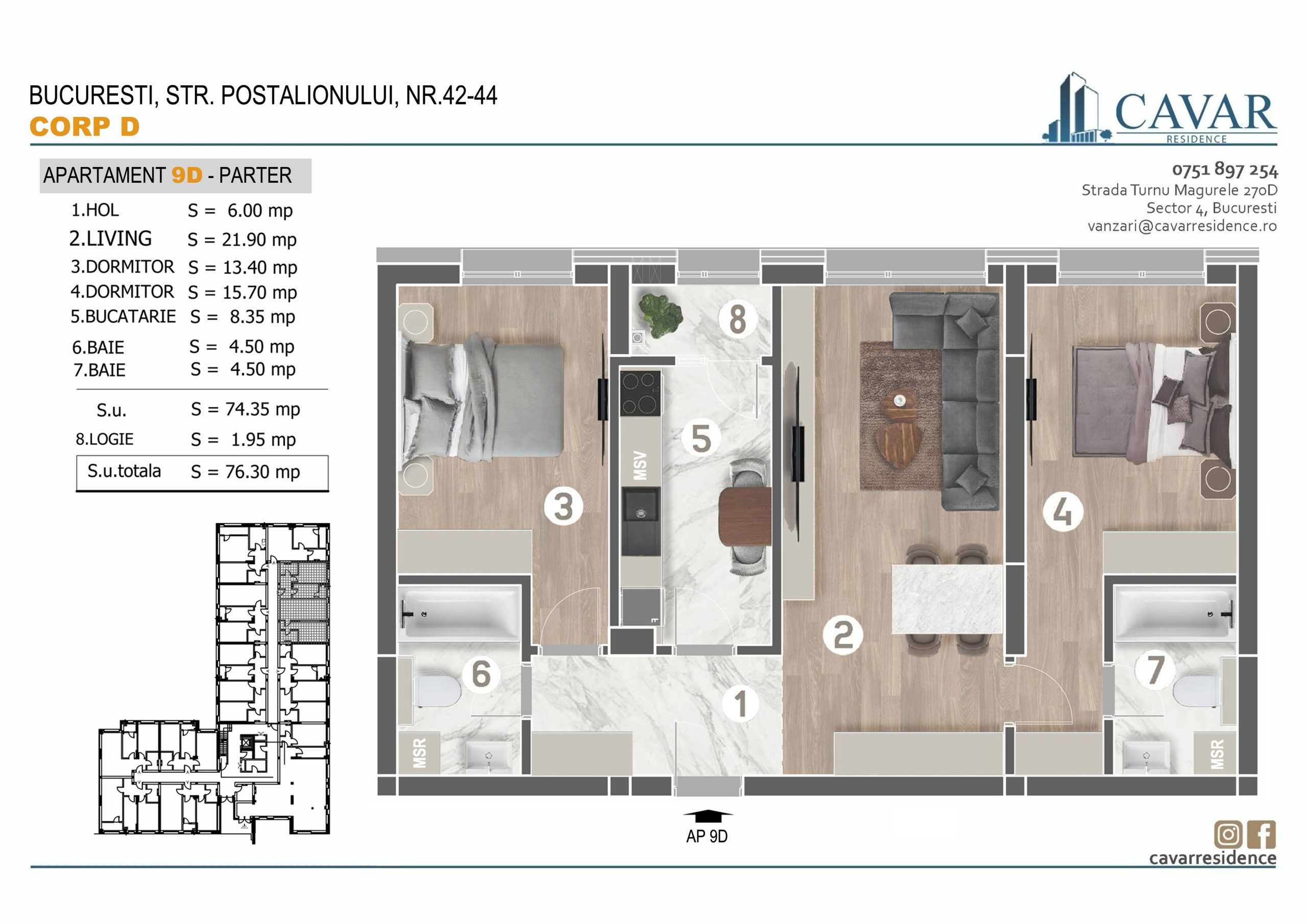 Apartament 3 camere Postalionului 42-44 Corp D